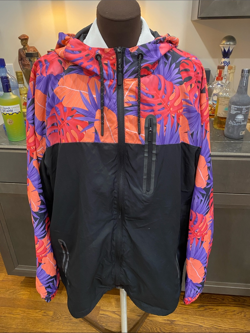 Csg tropical lightweight rain windbreaker jacket zip pockets hood Fern leaf med